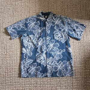 Reyn Spooner Hawaiian Shirt Hibiscus Monstera Print Blue And White XXL